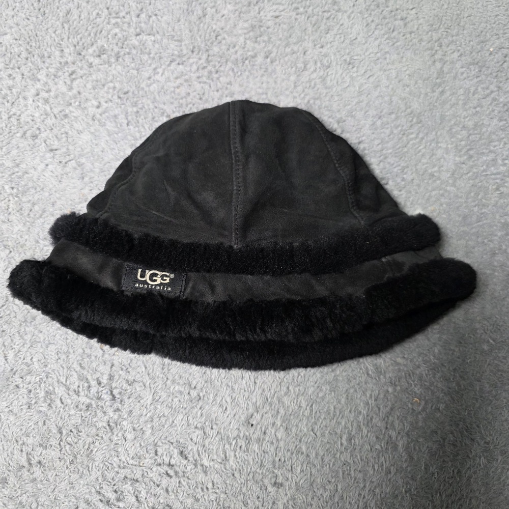 UGG Womens OS Bucket Hat Black Suede Shearling Trim Leather Winter Cap